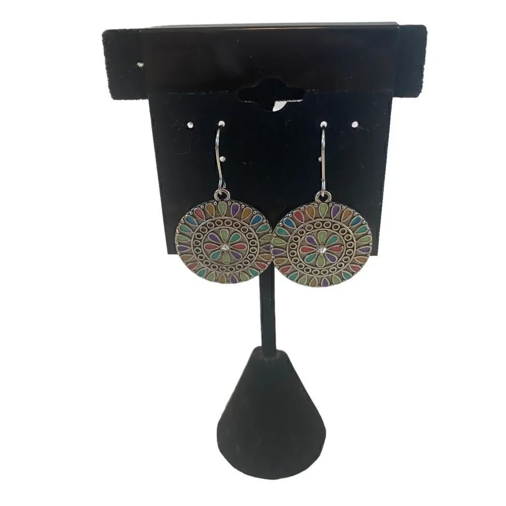 Southwest Style Multi-Colored Silver Toned Disc Earrings.